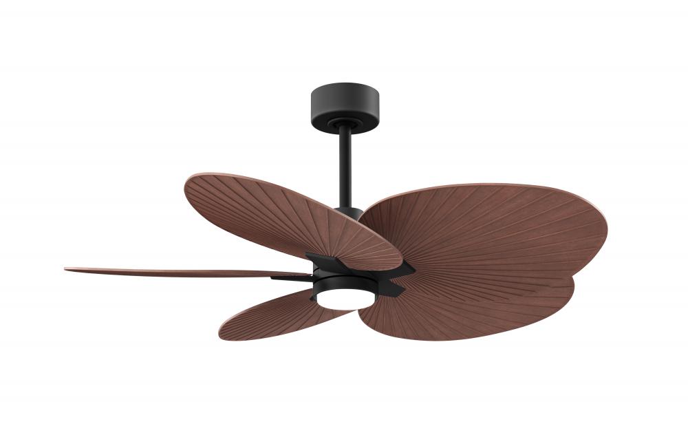 Alessandra Tropical 5-blade ceiling fan in Matte Black and Walnut Tone blades.