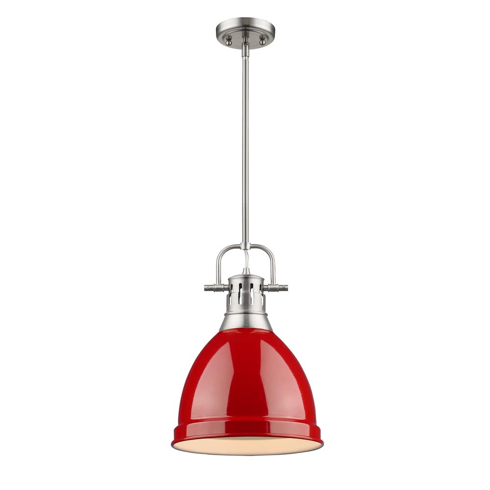 Duncan Small Pendant with Rod in Pewter with a Red Shade